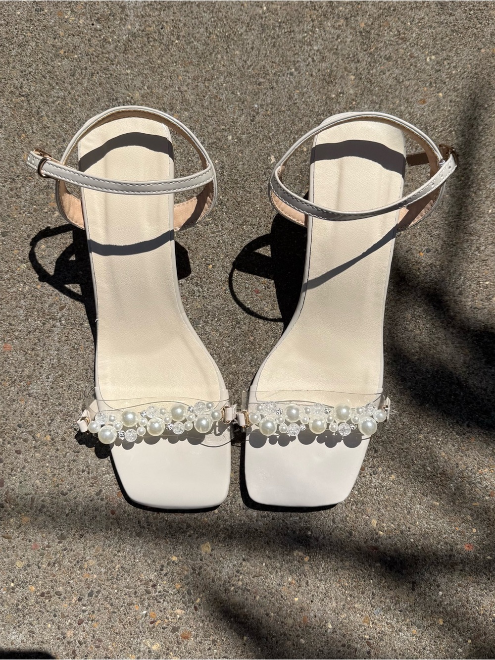 Pearl-Strap Cream Ankle-Strap Heels